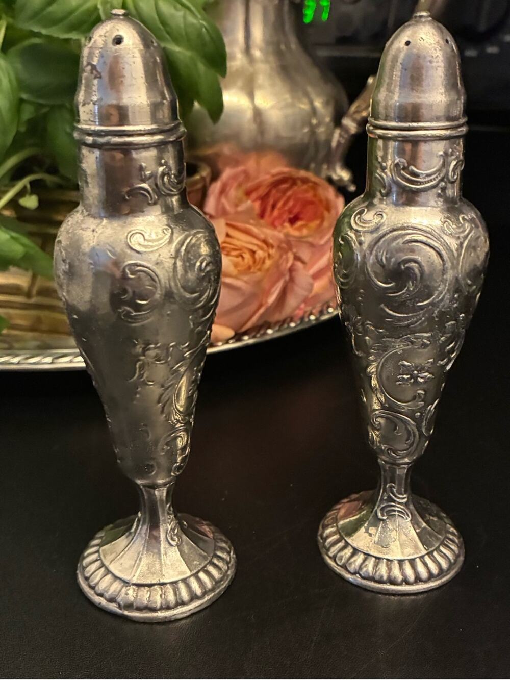 Vintage Charles VI Silverplate Salt Pepper Shakers NASCO Ornate Repoussé Cottage